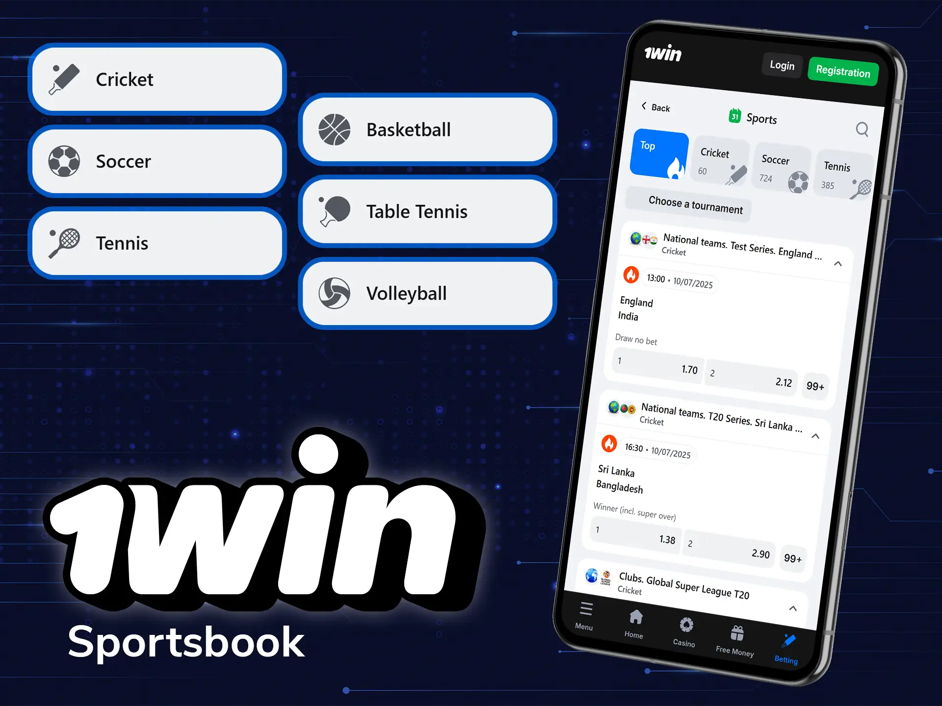 Betting on various sports via 1win app anywhere