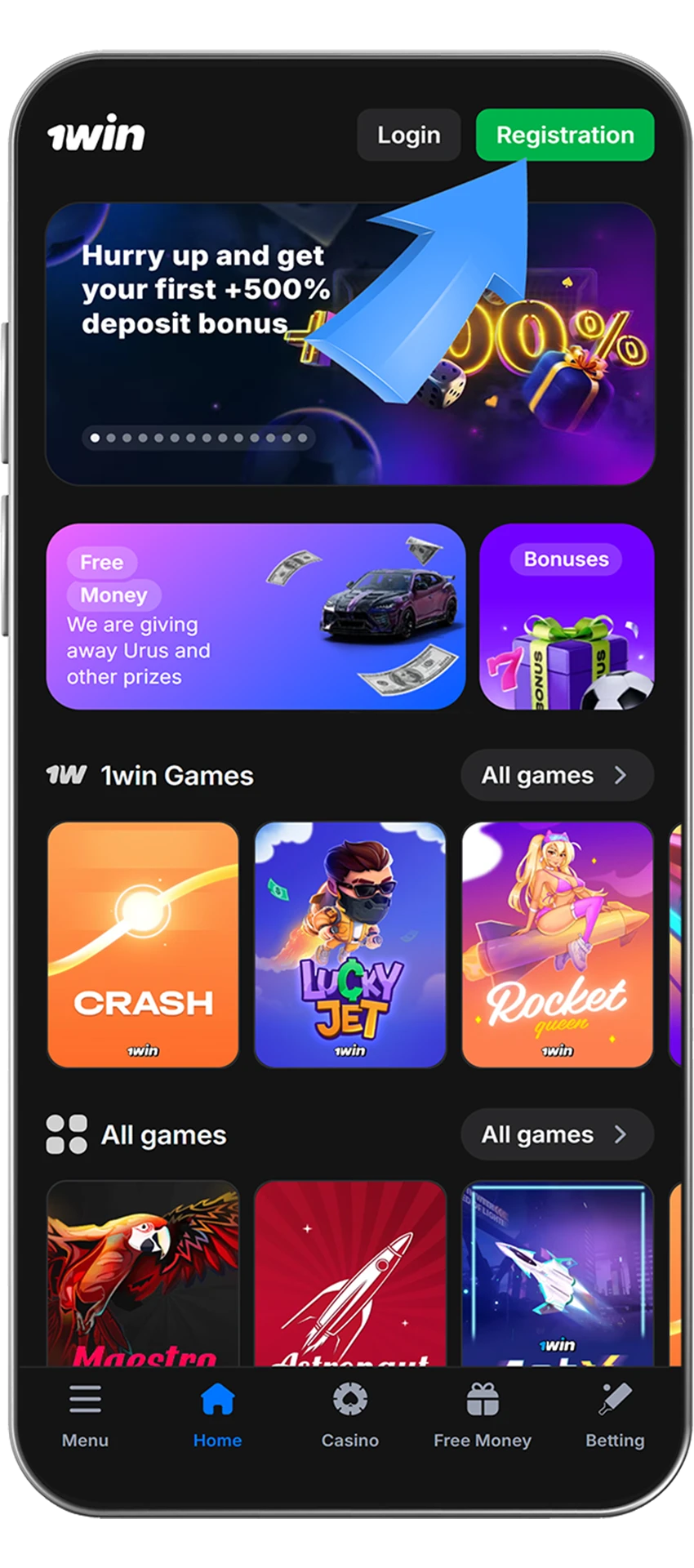 Sign-up page on the 1win website