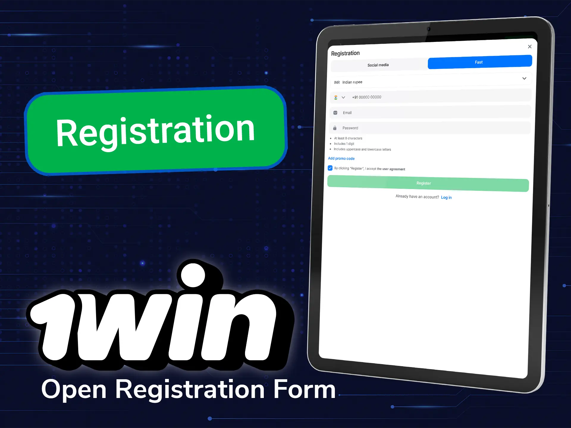 Go to the 1win website and open registration form.