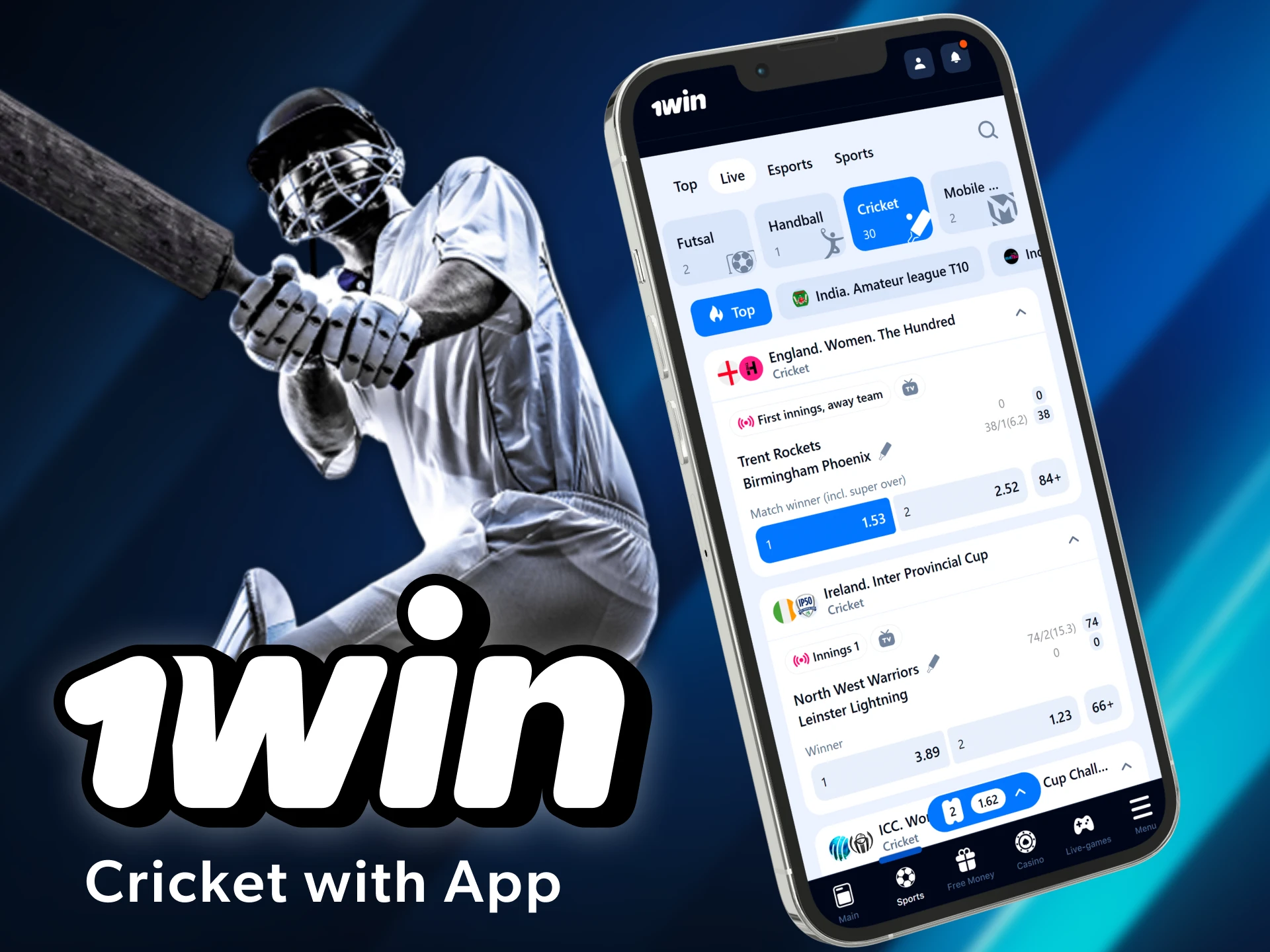 Install the 1win app on you smatphone to place bets on cricket whenever you want.