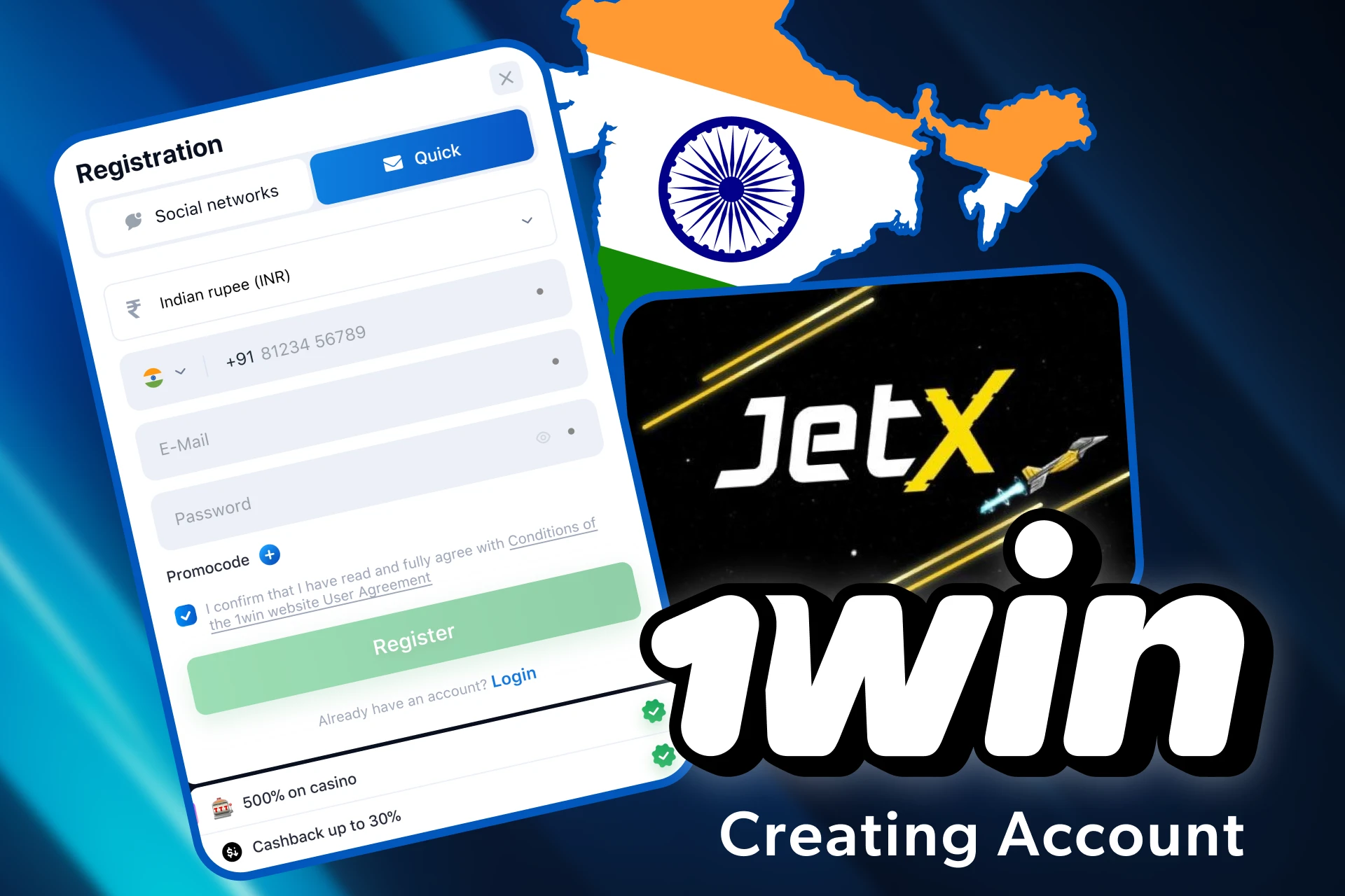 Open the 1win website and create your account.