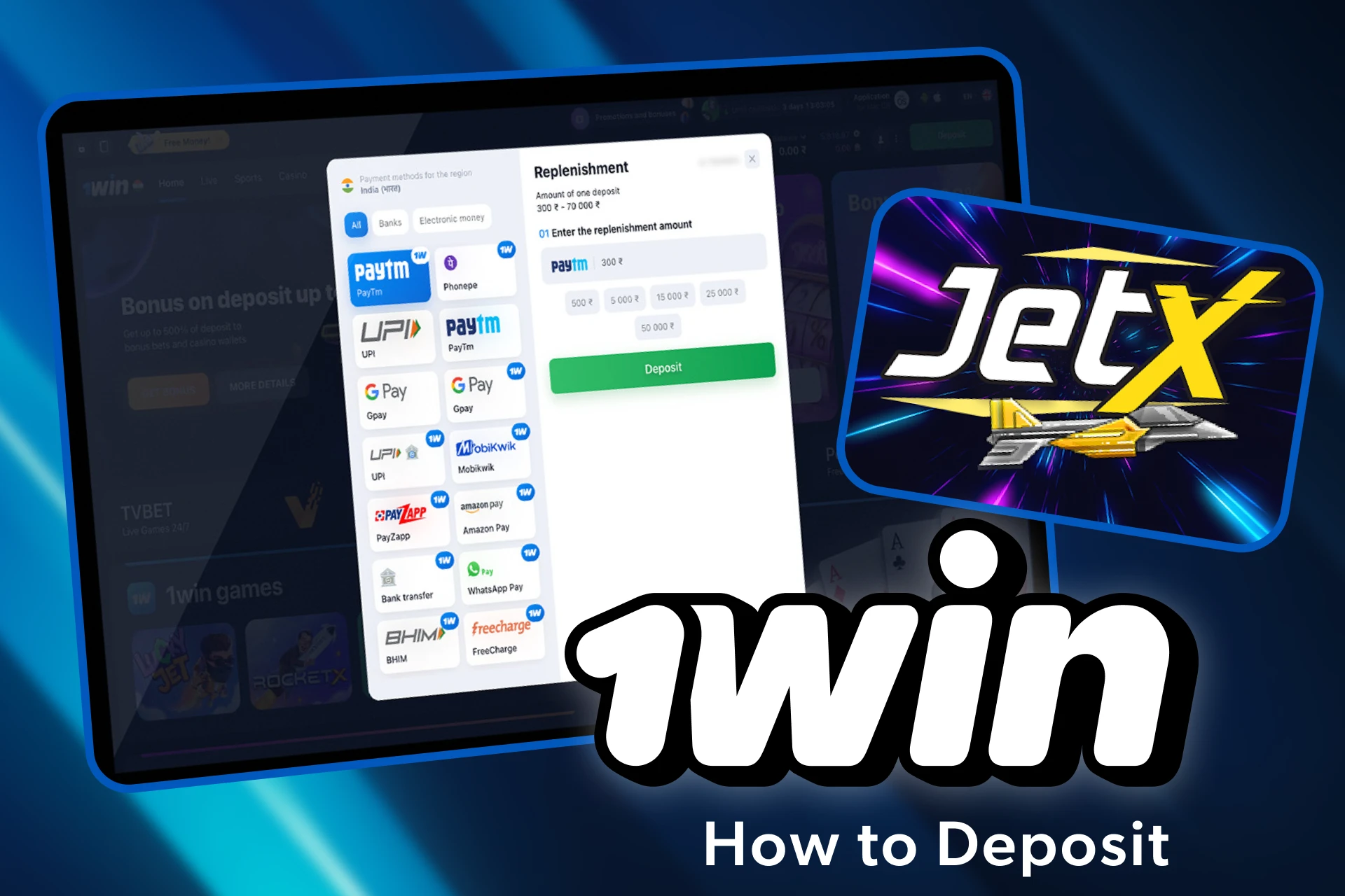 Go to the 1win cashier to deposit qyour account and play Jet X.
